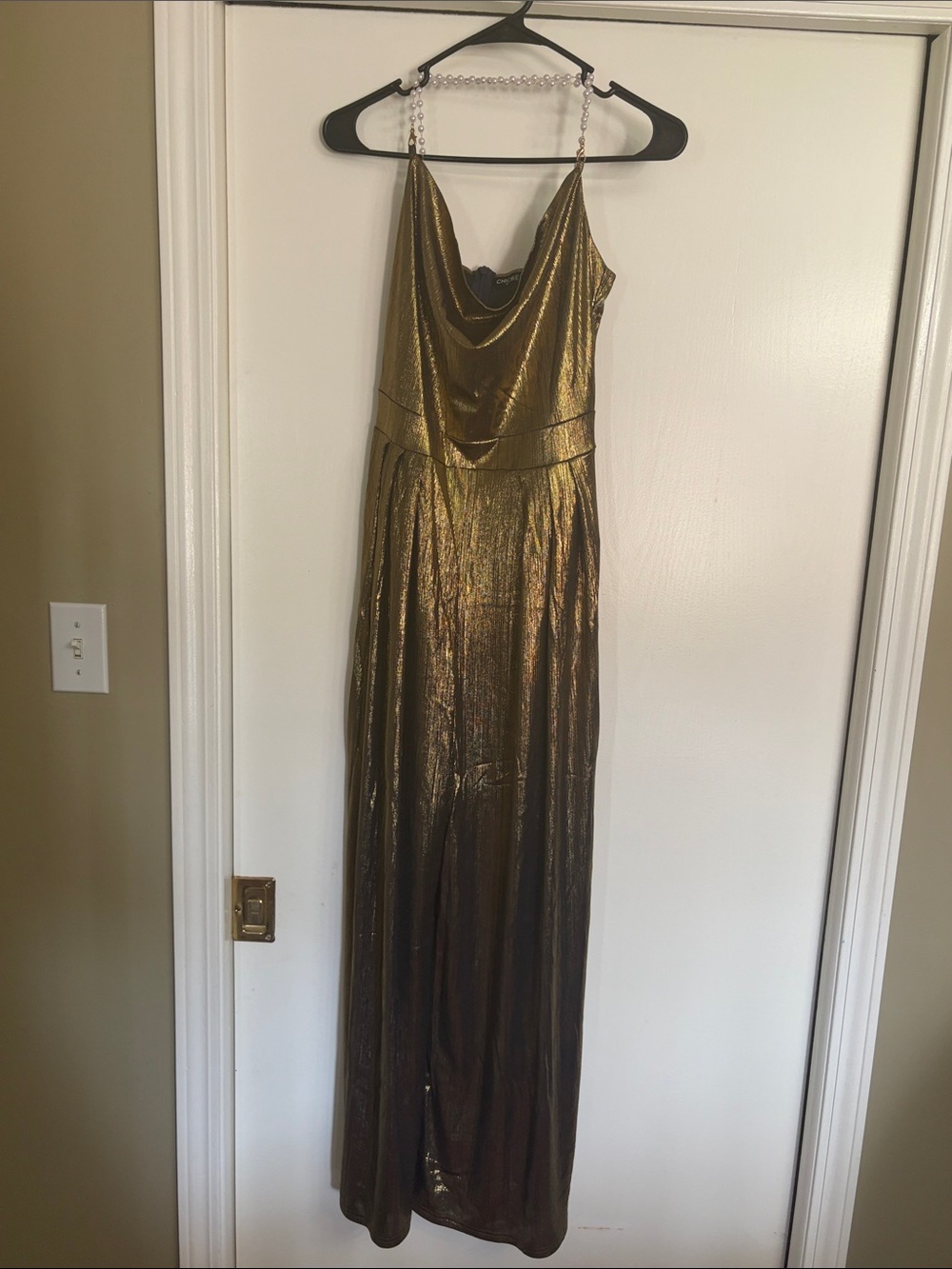 Gold Metallic Cowl-Neck Jumpsuit with Chain Straps